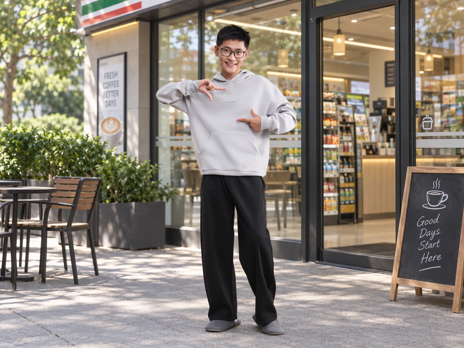 TIM 穿浅色卫衣站在街角店铺外，绿植与自然日光融入画面